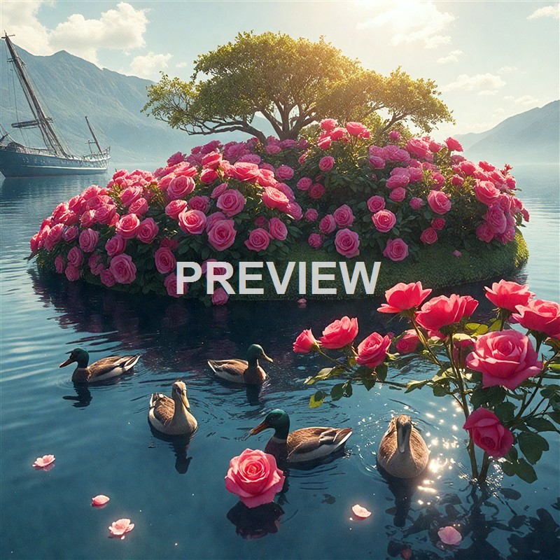 A small island covered with numerous pink roses and a tree, situated in a calm body of water with ducks swimming nearby, under a bright sky with mountains in the background.